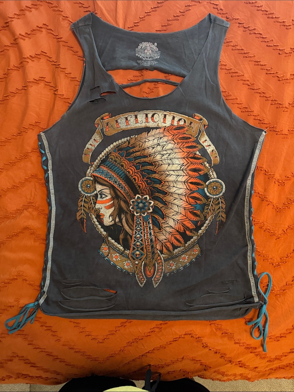 Affliction Women's Charcoal Graphic Tank with Orange & Turquoise Accents